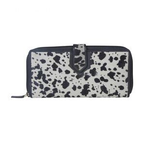 7258 White Black RFID Leather Wallet - Zip Around Fuzzy Hair On Clutch